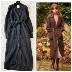 ハーリップトゥ ベルト付 ロングカーディガン チャコール アルパカ混