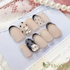 ネイルチップ 黒フレンチ ベージュ マット ドット