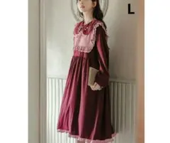 美品✨レトロ　ロングワンピース　フリル　リボン　刺繍　ロリータ　可愛い　L