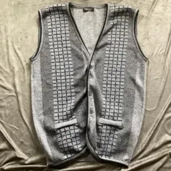 総柄ニットベスト 前開き グレー M相当 古着 レイヤード ヴィンテージ 春