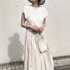 【美品】異素材 ドッキング ロングワンピース フレンチスリーブ ノースリーブ