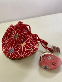 未使用　麻の葉文様のちりめんカゴ巾着とちりめん財布セット