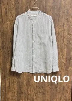UNIQLO ユニクロストライプ 長袖シャツ スタンドカラー リネン100%M