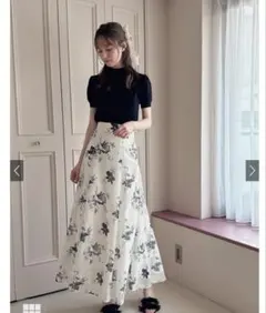 グレイル　GRL フレアロングスカート アイボリー ネイビー花柄