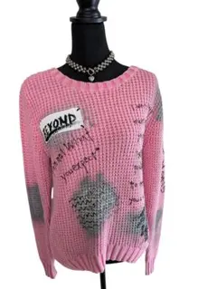 ピンク グラフィックプリント ニットセーター
