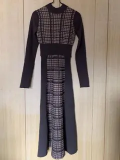 5 rienda 2WAY ロングスリーブ千鳥柄フレアニットワンピース