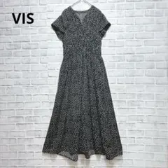 【ビス】ドット柄ロングワンピース 黒 白 水玉 半袖 Vネック フレアワンピースのサムネイル