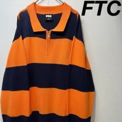 【希少】FTC 刺繍ロゴ ハーフジップ ボーダー ニット オレンジ ネイビー L