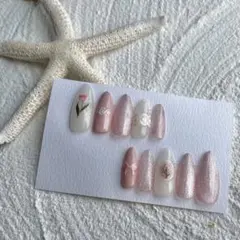 ネイルチップ　現品　ニュアンス　シンプル　ラメ　マグネット　ピンク　レース