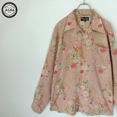 デザインシャツ　花柄　和柄　ヴィンテージ　レトロ　総柄　ピンク　開襟　長袖　L