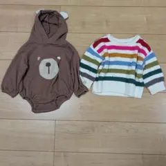 クマのフード付きロンパースとストライプセーター（GAP）の2点セット