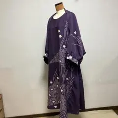 No.366 新品着物リメイクVネックコクーンシルエットワンピース 手描き