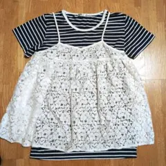 【美品】キッズ ボーダーTシャツ レースキャミソール 重ね着セット 160