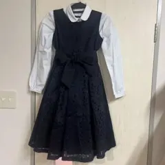 紺色レースワンピース（長袖ブラウス・リボンベルト、チュチュ付き）卒業式にも