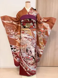 kyotoki様専用ページ：引き振袖 化繊 刺繍 牡丹 濃オレンジA-2841