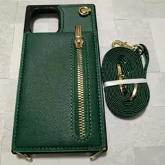 iPhone12/12Pro ケース 手帳型 ネックストラップ 折り畳み式 緑色