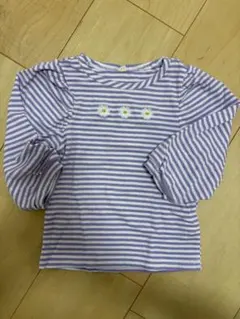 紫と白ストライプ 花刺繍 トップス　90センチ