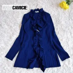 【美品/ナラカミーチェ】ウールブレンドAラインフリルカーディガン フルジップ 青