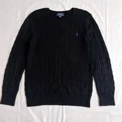 ポロラルフローレン　ケーブルニット　黒　ロゴ刺繍　青色　クルーネック　コットン