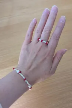 北欧カラー ビーズアクセサリーセット ブレスレット リング 赤 ホワイト