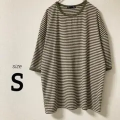 【136】オリーブグリーン・ホワイトストライプ五分袖Tシャツ　S