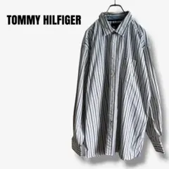 sy35426 トミーヒルフィガー ストライプ長袖シャツ XL 白 ビッグ　ロゴ