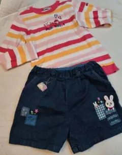 【中古】ミキハウス　２枚セット　うさこ　豪華デニムショーパンとボーダーロンT