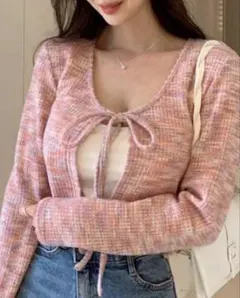 韓国 トップス リボン付きピンクニットカーディガン ボレロ 即買い優先