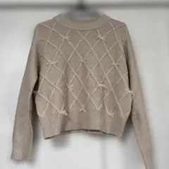 Fint ベージュ ダイヤモンド編み 長袖ニット