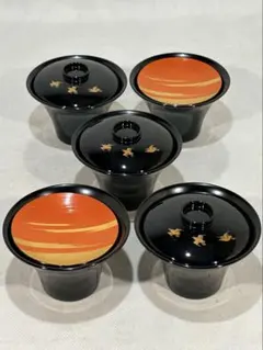 ② 木製真塗　日の出金霞千鳥蒔絵　小吸物椀　五客　美品　茶道　懐石道具　送料込 ①木製真塗 日の出金霞千鳥蒔絵 小吸物椀 五客 美品 茶道 懐石道具