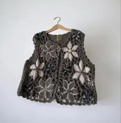 vintageヴィンテージレトロ古着モチーフ刺繍編　みフラワー編みニットジレのサムネイル