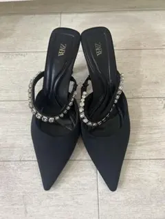 ZARA ラインストーンストラップ ミュール ブラック