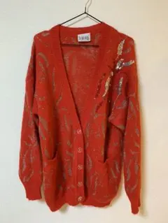 カーディガン 古着　赤　ニット　ロング　スパンコール　ビンテージ　クリスマス