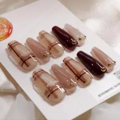 ＃639 ハンドメイド ネイルチップ チェック柄 ボルドー ベージュ 秋