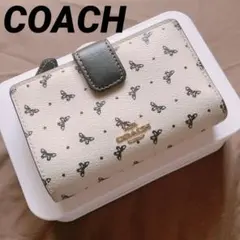 良品　コーチ　二つ折り財布　ウォレット　蝶　ドット　ホワイト　レザー