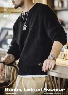 両畦編みヘンリーネックニットスウェットメンズニットセーターブラックラウンドネック