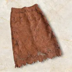 スチェッソ　ロングスカート　タイト　ブラウン　総柄レース　ウエストゴム　Lサイズ