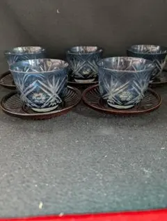 切子グラス籃胎茶托５客セット 昭和レトロ 花模様