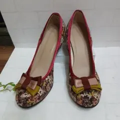 花柄秋色パンプス リボンモチーフ マルチカラー 日本製 25.5cm