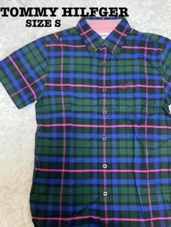 【美品】トミーヒルフィガー 半袖シャツ チェック柄 ネイビーグリーンピンク S