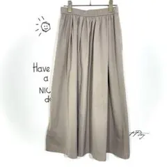 ユニクロ ロングフレアスカート(M)グレージュ 無地 ウエストゴム 古着