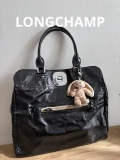 ロンシャン　本革トートバッグ　エナメル黒