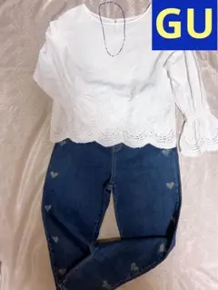 GUジーユー白トップスレースブラウスホワイト綿100%キャンディスリーブ刺繍丸首
