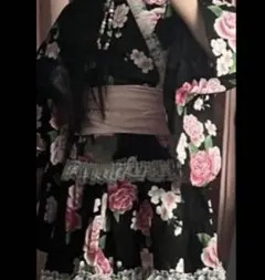 ドレス浴衣 黒 ピンク 薔薇 レース フリル 白 地雷 量産型 大人 160