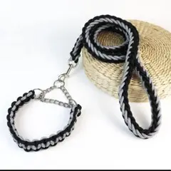 ハンドメイド ペット用リードと首輪セット 黒とグレー