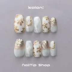 【69】ネイルチップ/ニュアンス ホワイトゴールド フラワーブライダル もやもや