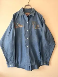 No.7721 WOOLRICH 刺繍 シャンブレーシャツ L ガーデン