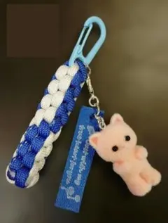 ㉕ フエルト マスコット 桃色猫 チャーム　パラコード キーホルダー　本革タグ付