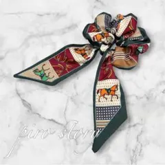 リボンスカーフ　シュシュ　ヘアーゴム　ボルドー馬