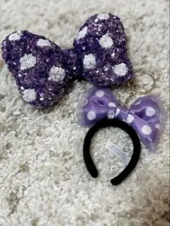 ディズニー ミニー リボンヘアゴム紫 カチューシャキーホルダー紫
